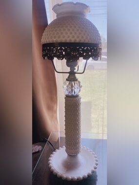Vintage hobnail milk glass hurricane lamp